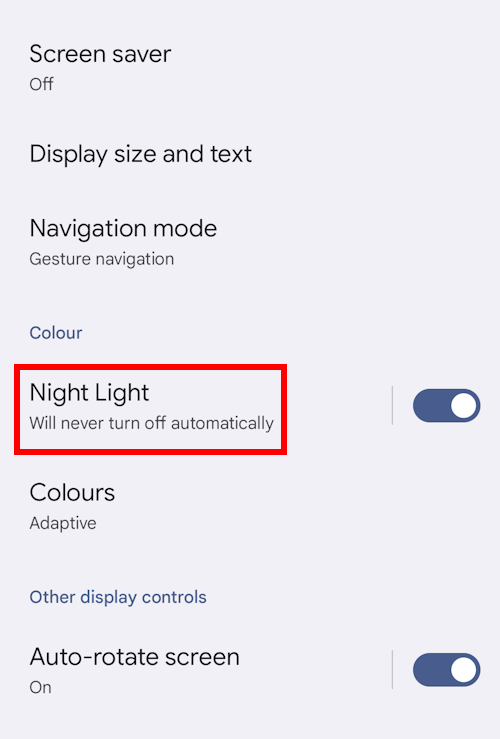 Tap where it says Night Light, Will never turn off automatically